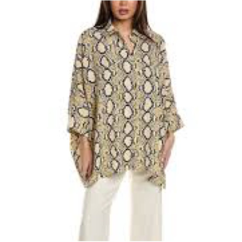 St. John oversized draped short sleeve yellow snakeskin button up blouse top